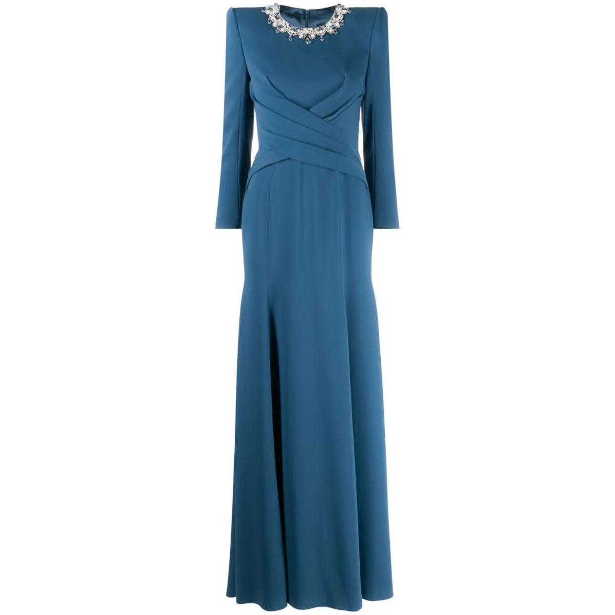 Slate Blue Pearl Crystal Neck Wrap Waist Long Sleeve Mermaid Formal Gown