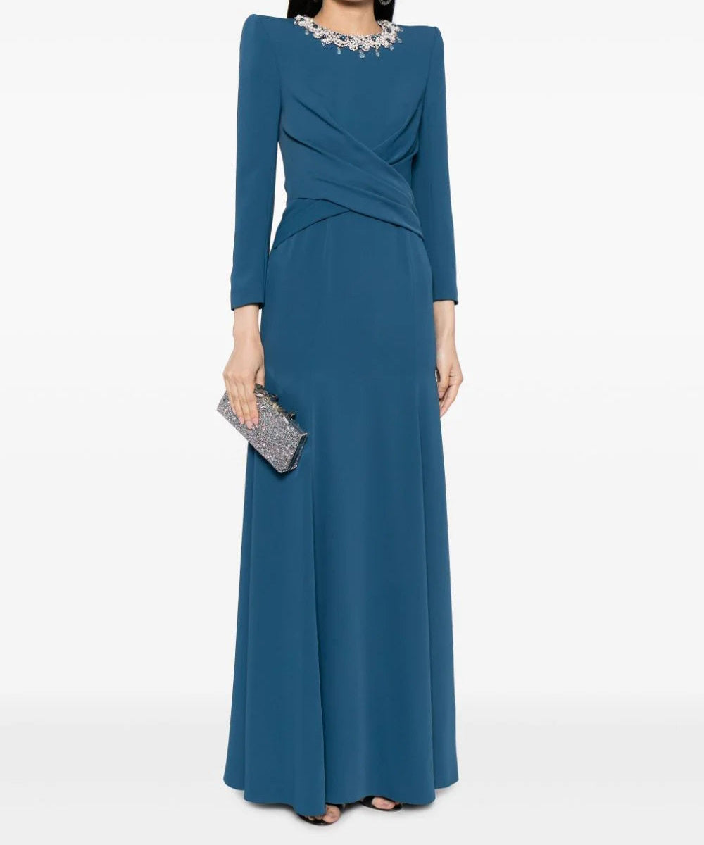 Slate Blue Pearl Crystal Neck Wrap Waist Long Sleeve Mermaid Formal Gown