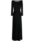 Black Pearl Crystal Embellished Neck Cross Wrap Waist Long Sleeve Mermaid Evening Gown