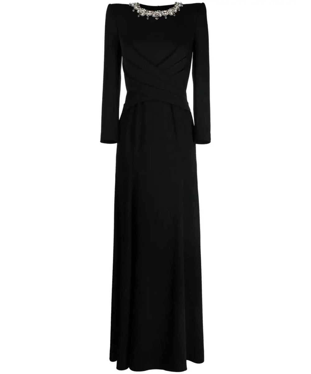 Black Pearl Crystal Embellished Neck Cross Wrap Waist Long Sleeve Mermaid Evening Gown