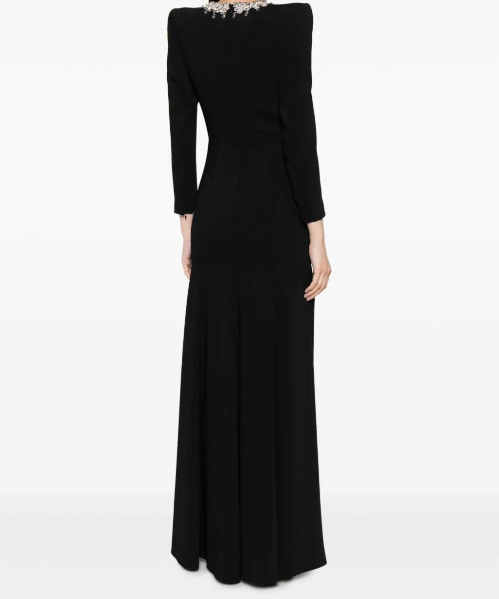 Black Pearl Crystal Embellished Neck Cross Wrap Waist Long Sleeve Mermaid Evening Gown