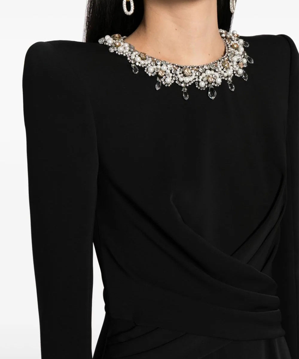 Black Pearl Crystal Embellished Neck Cross Wrap Waist Long Sleeve Mermaid Evening Gown