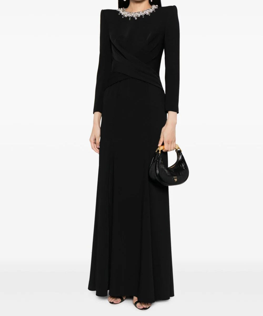 Black Pearl Crystal Embellished Neck Cross Wrap Waist Long Sleeve Mermaid Evening Gown