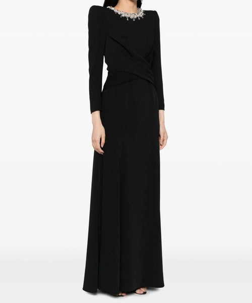 Black Pearl Crystal Embellished Neck Cross Wrap Waist Long Sleeve Mermaid Evening Gown