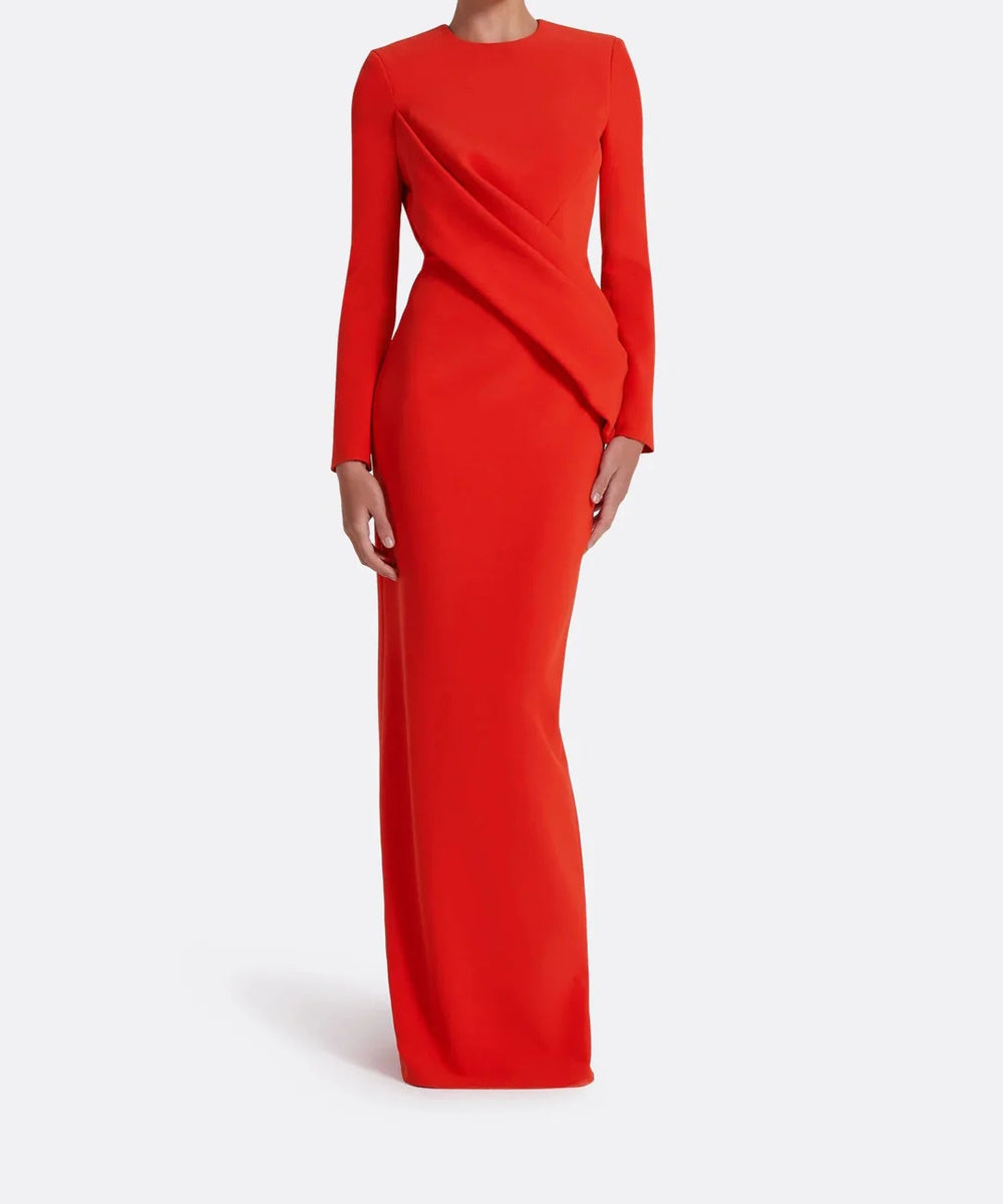 Bright Red Round Neck Long Sleeve Diagonal Draped Crepe Column Maxi Gown