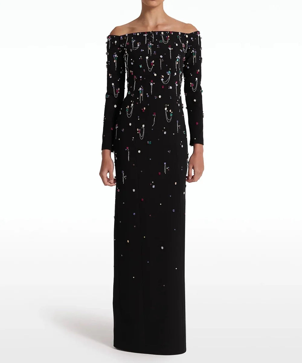 Black Off Shoulder Long Sleeve Multicolor Gem Chain Embellished Column Maxi Gown