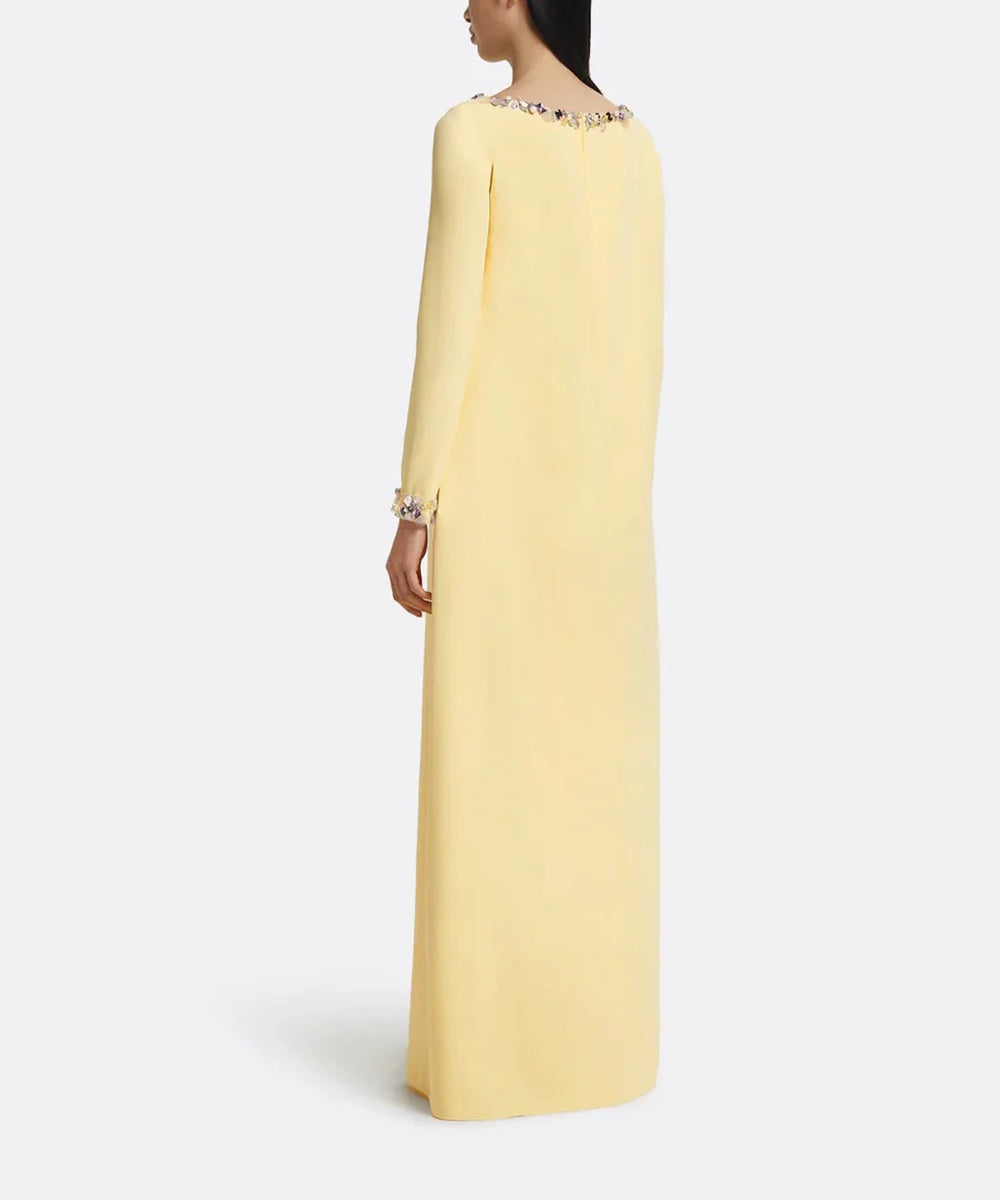 Pale Yellow Multi-Color Crystal Embellished Boat Neck Loose Straight Maxi Gown