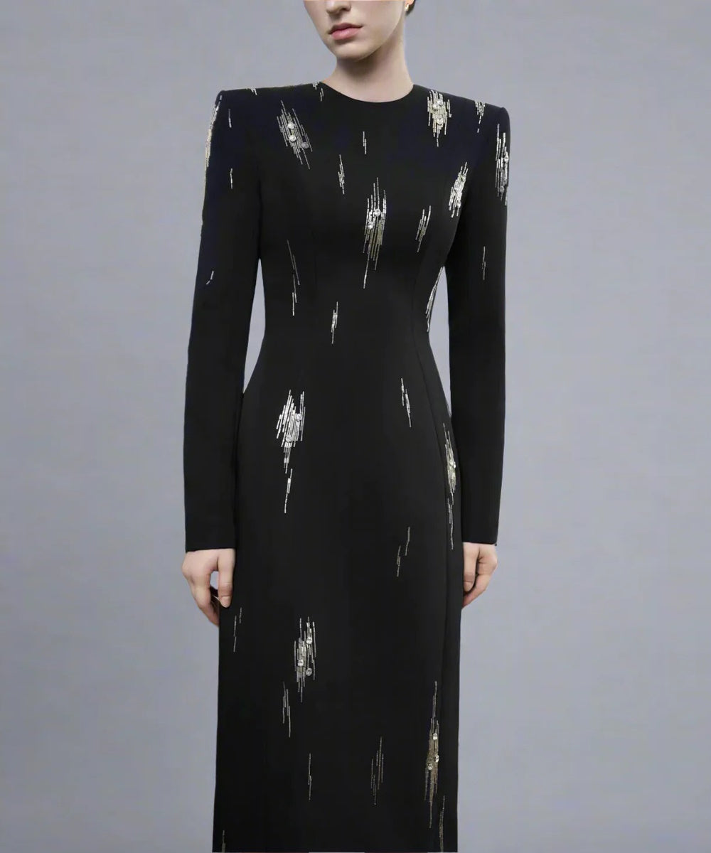 Black Structured Shoulder Long Sleeve Gold Streak Rhinestone Column Maxi Evening Gown