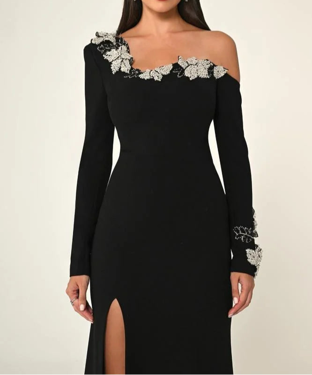 Black Asymmetric Off Shoulder Long Sleeve Floral Rhinestone Mermaid Slit Maxi Gown