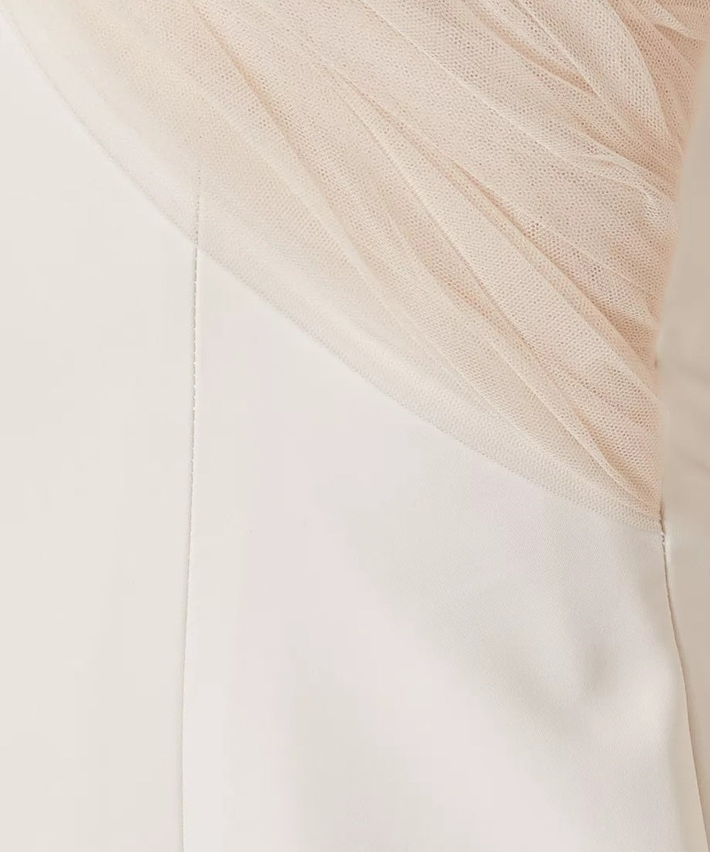Ivory Asymmetric Tulle Draped Long Sleeve Maxi Gown