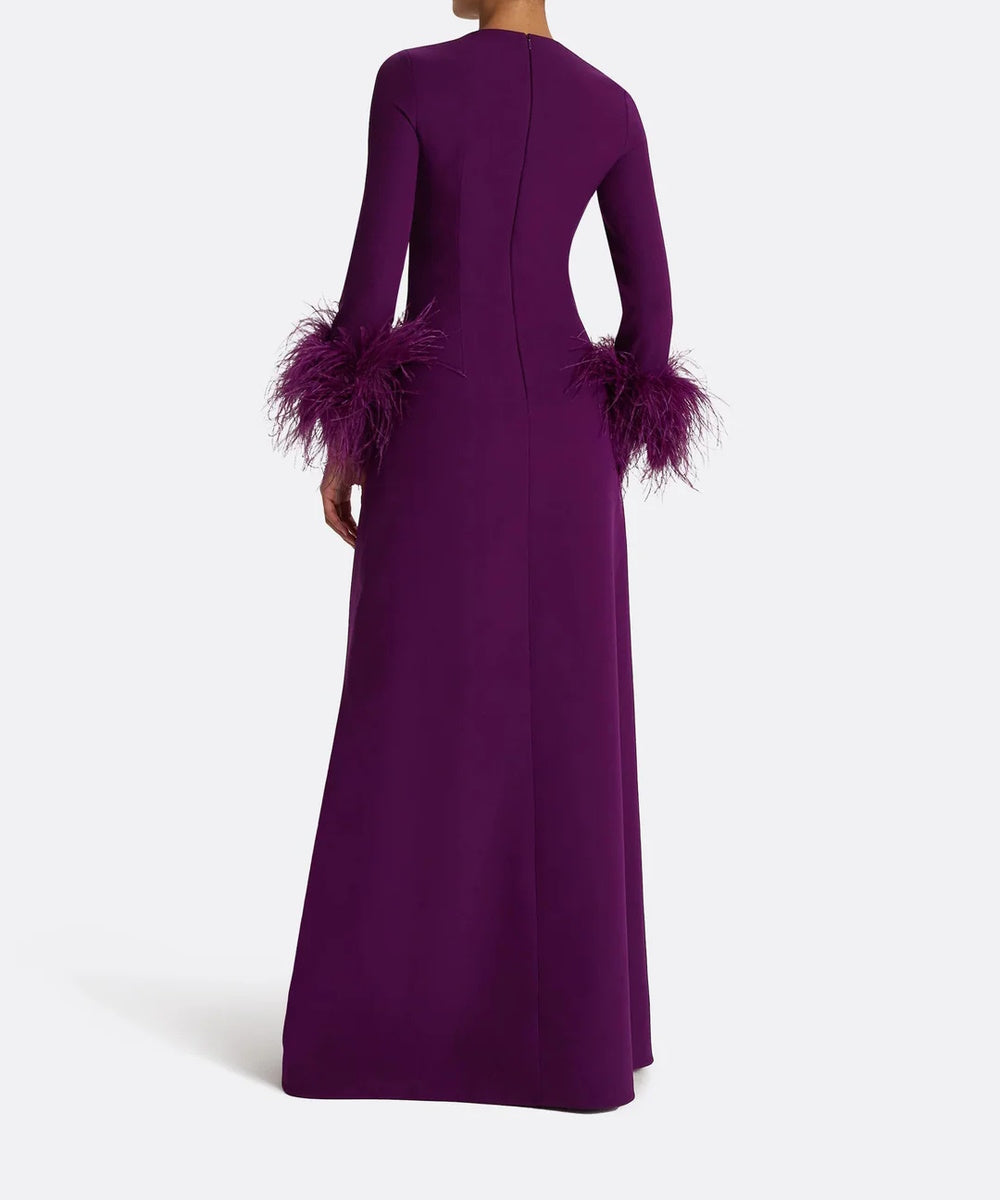 Violet Round Neck Long Sleeve Ostrich Feather Cuff Column Maxi Evening Gown