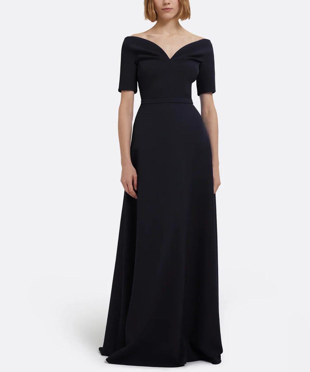 Black Off The Shoulder Folded V-Neck Short Sleeve A-Line Maxi Evening Gown With Waist Belt