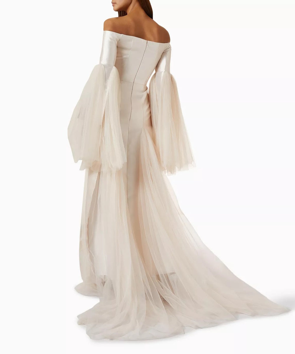 Champagne Off The Shoulder Satin Mermaid Gown With Tulle Flared Sleeves