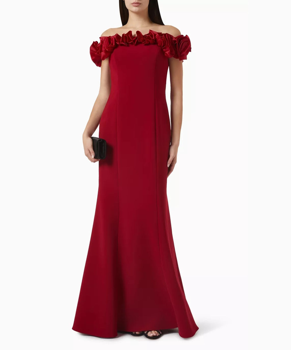 Red Off The Shoulder Mermaid Evening Gown With Ruffle Detail