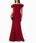 Red Off The Shoulder Mermaid Evening Gown With Ruffle Detail