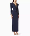 Navy Blue Long Sleeve Beaded V-Neck Midi Formal Dress With Belt