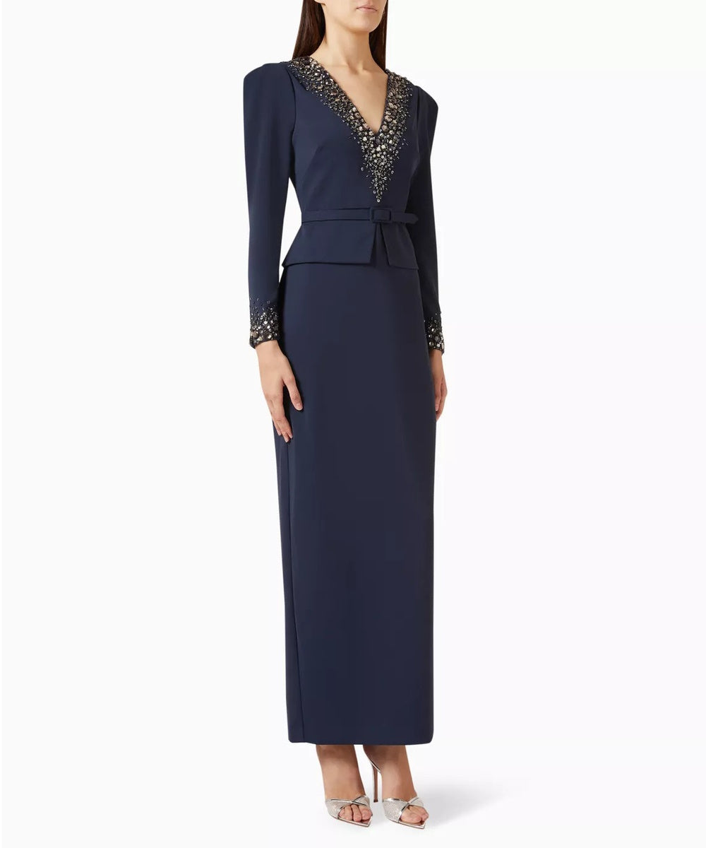 Navy Blue Long Sleeve Beaded V-Neck Midi Formal Dress With Belt