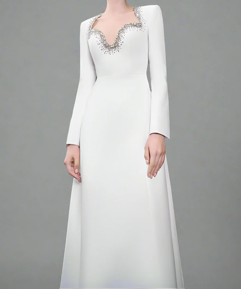 Ivory Crystal Beaded Heart Cutout Long Sleeve A-Line Maxi Formal Gown