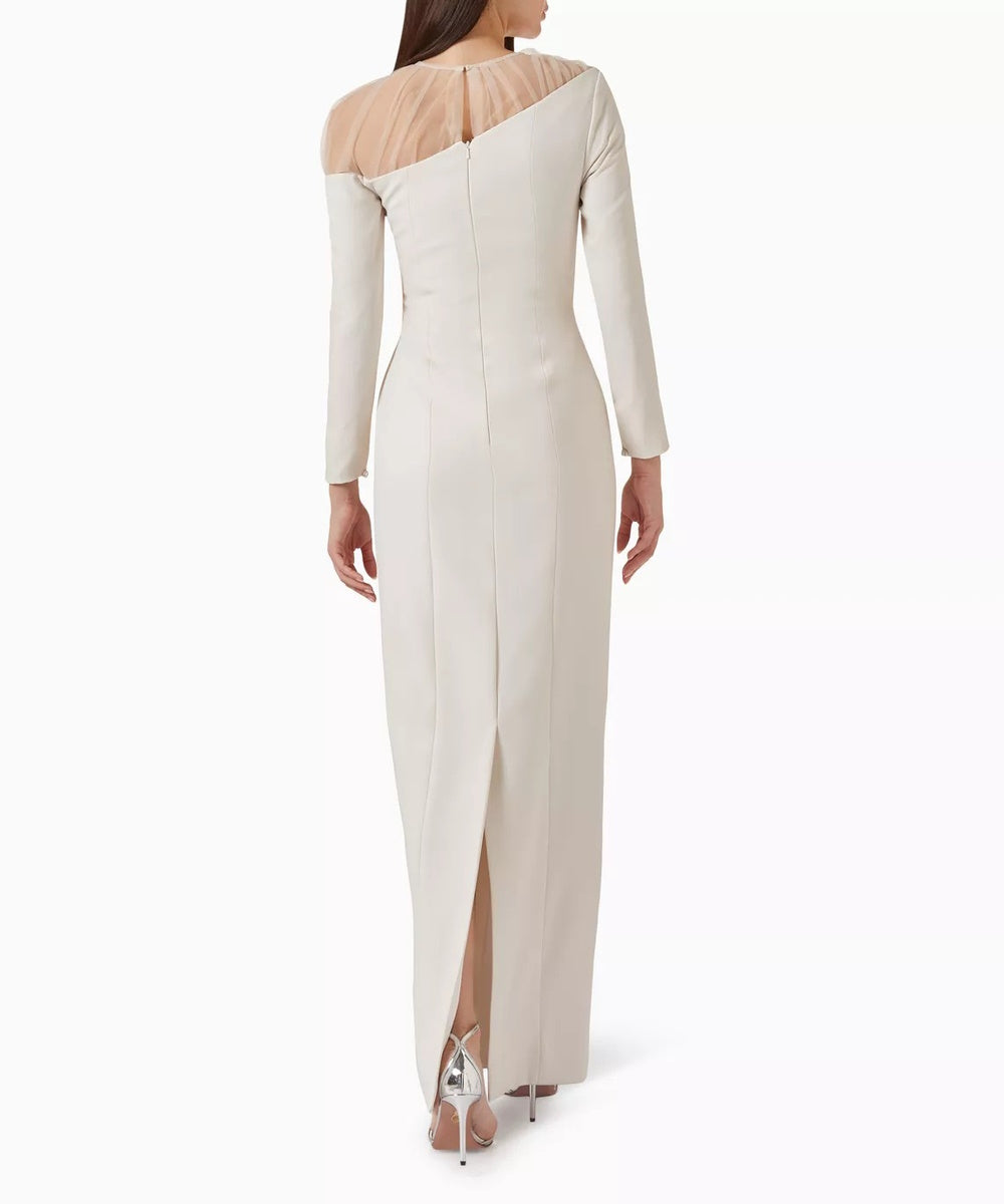 Ivory Asymmetric Tulle Draped Long Sleeve Maxi Gown