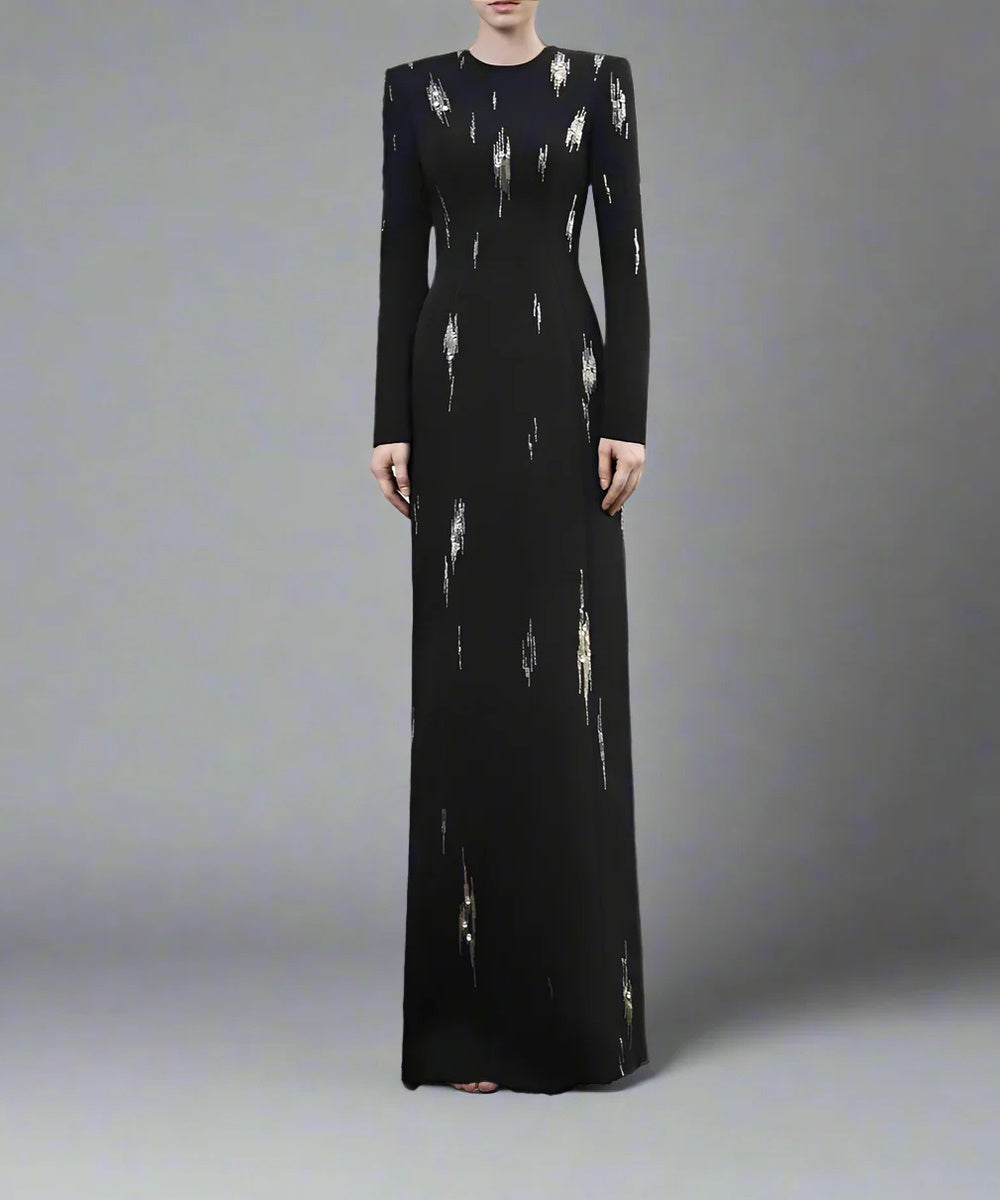 Black Structured Shoulder Long Sleeve Gold Streak Rhinestone Column Maxi Evening Gown