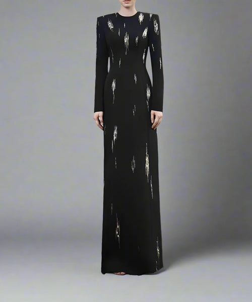 Black Structured Shoulder Long Sleeve Gold Streak Rhinestone Column Maxi Evening Gown