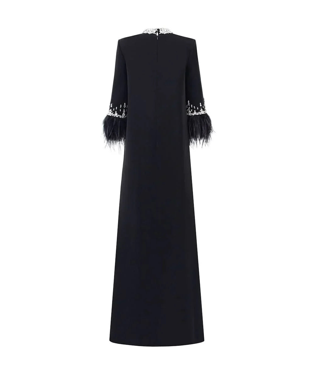 Black Crystal Feather Cuff High Neck A-Line Crepe Evening Gown