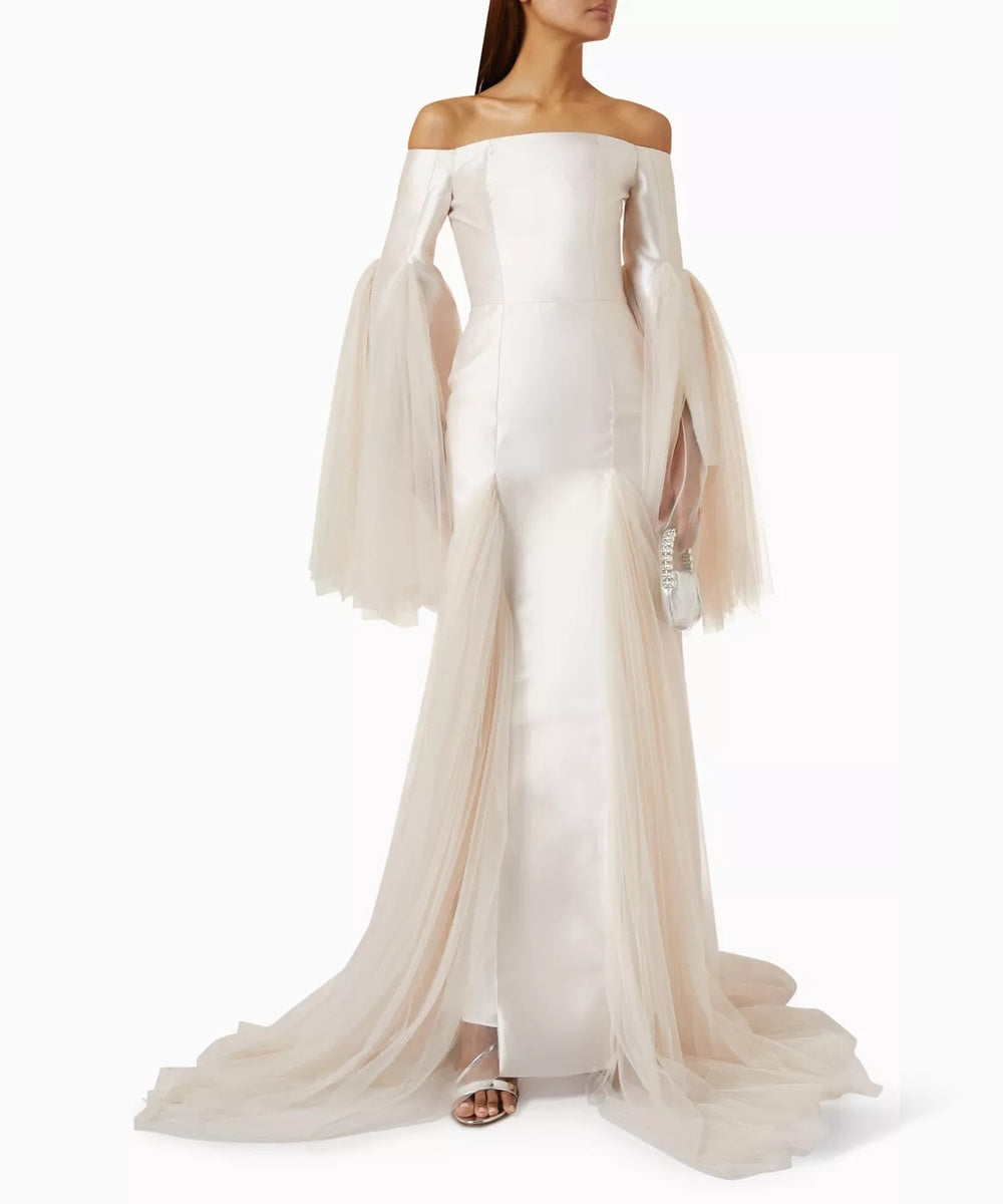 Champagne Off The Shoulder Satin Mermaid Gown With Tulle Flared Sleeves