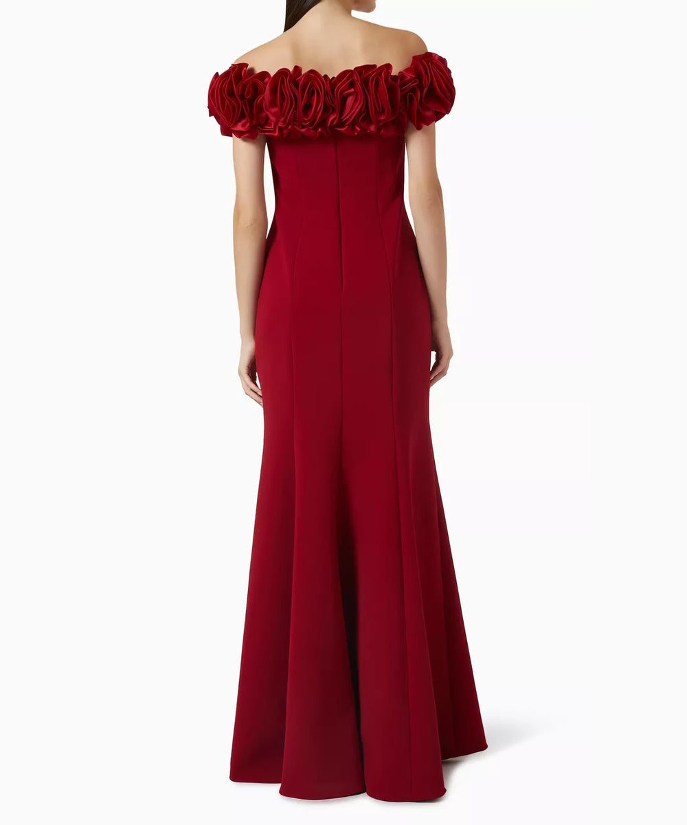 Red Off The Shoulder Mermaid Evening Gown With Ruffle Detail