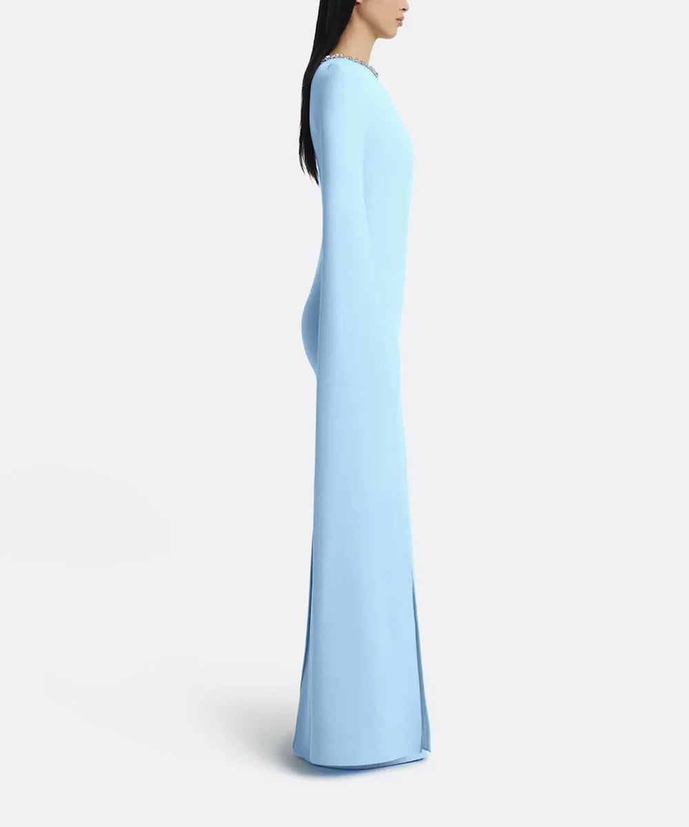 Sky Blue Crystal Neck Cape Sleeve Column Gown