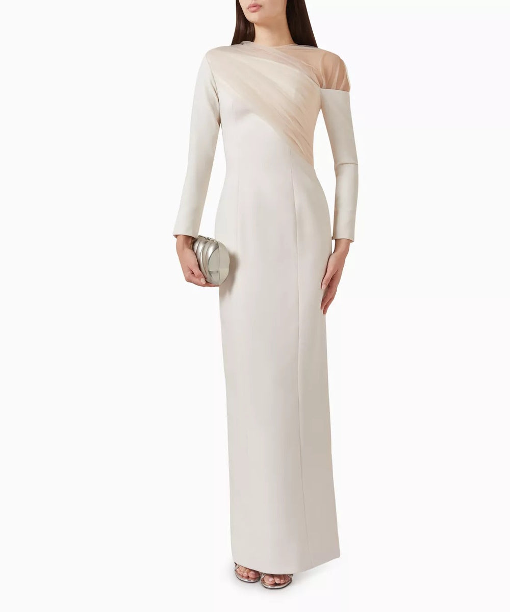 Ivory Asymmetric Tulle Draped Long Sleeve Maxi Gown