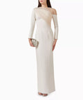Ivory Asymmetric Tulle Draped Long Sleeve Maxi Gown