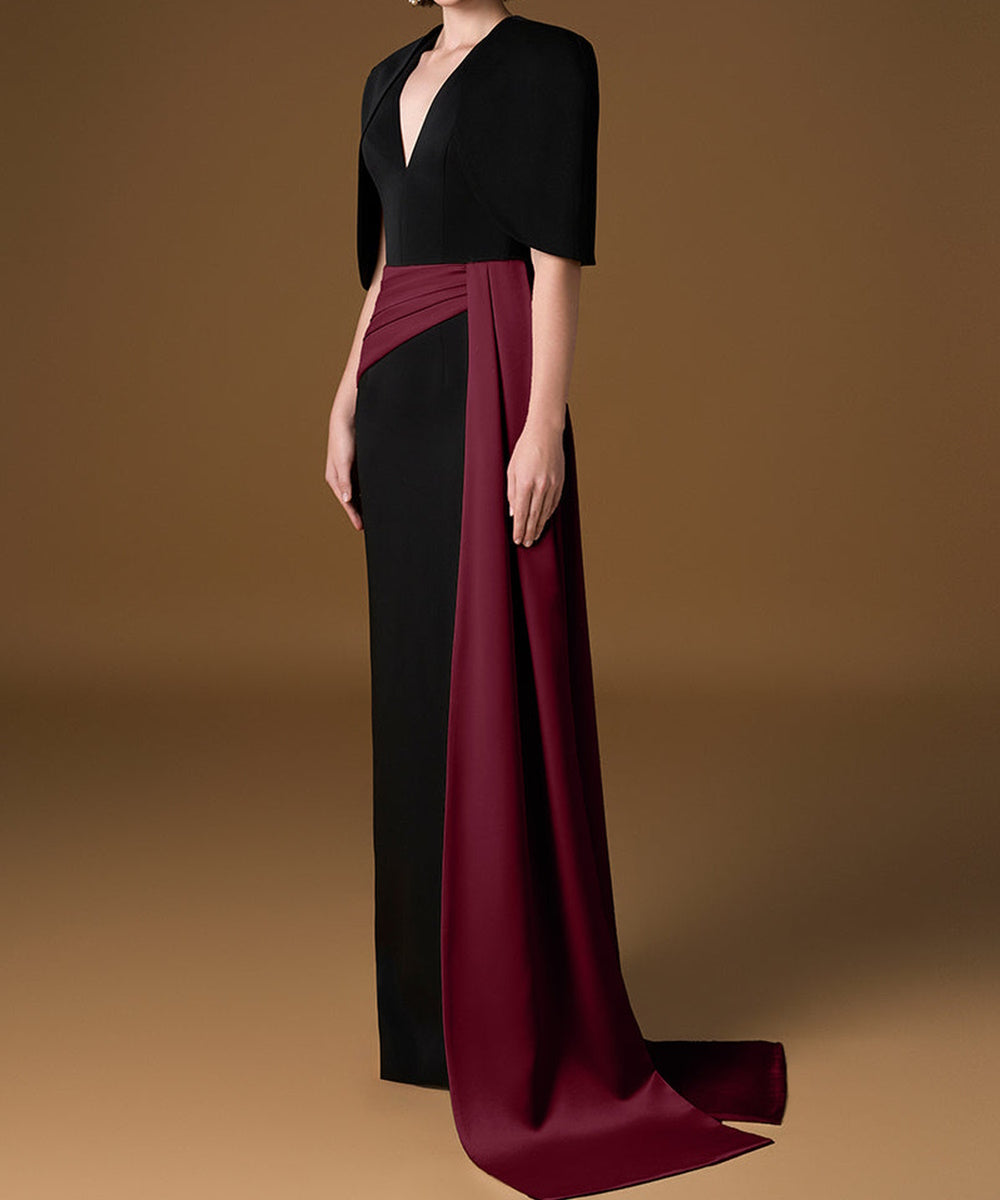 Black Cape Sleeve V-Neck Gown with Burgundy Sash Train