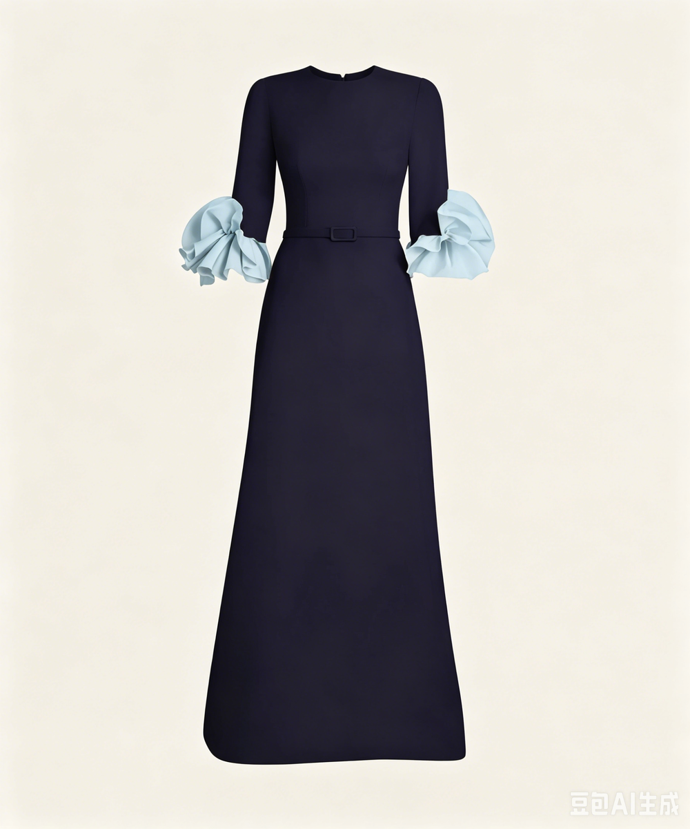 Navy Long Formal Dress With Sky Blue Contrast Cuffs