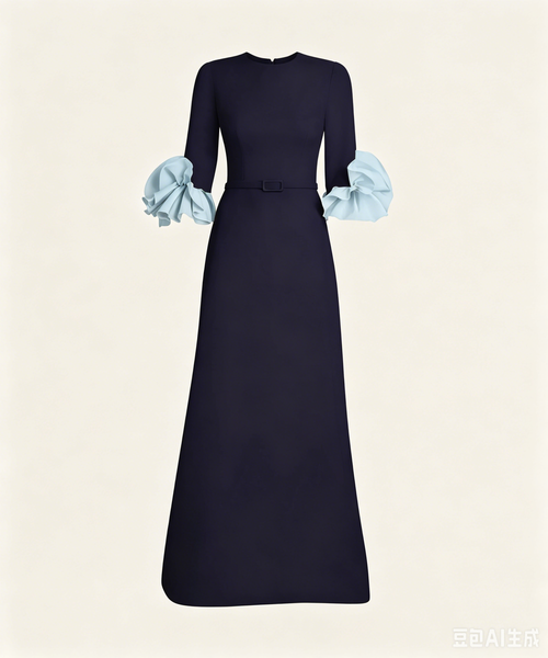 Navy Long Formal Dress With Sky Blue Contrast Cuffs
