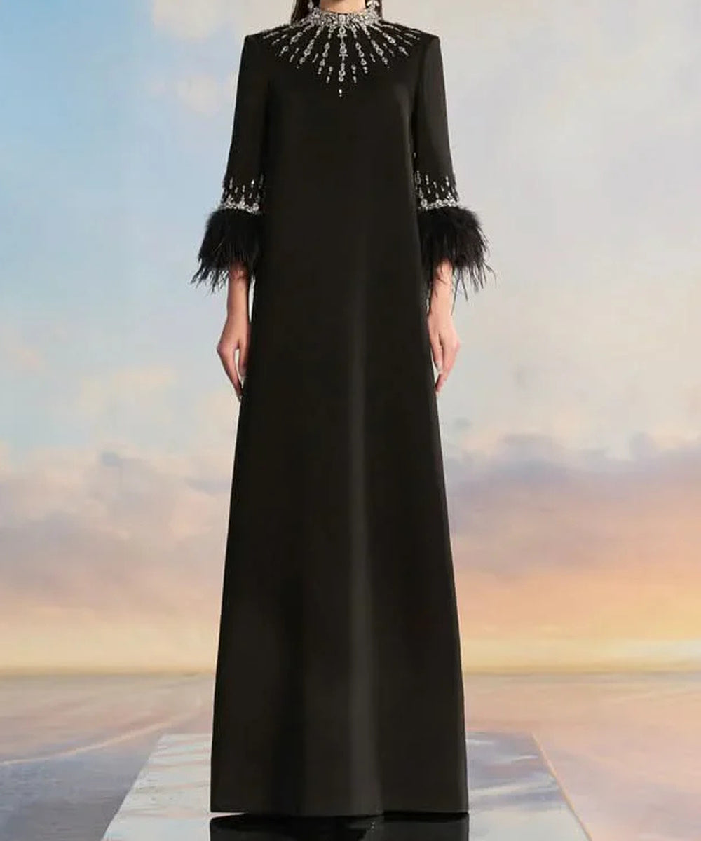 Black Crystal Feather Cuff High Neck A-Line Crepe Evening Gown