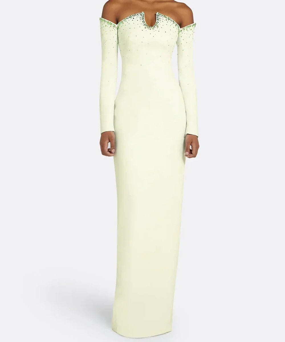 Pale Lime Off Shoulder Notch V Long Sleeve Green Crystal Column Maxi Gown