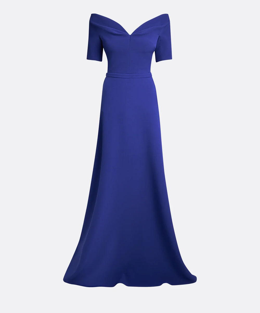 Cobalt Blue Off The Shoulder Short Sleeve A-Line Maxi Evening Gown With Waist Belt