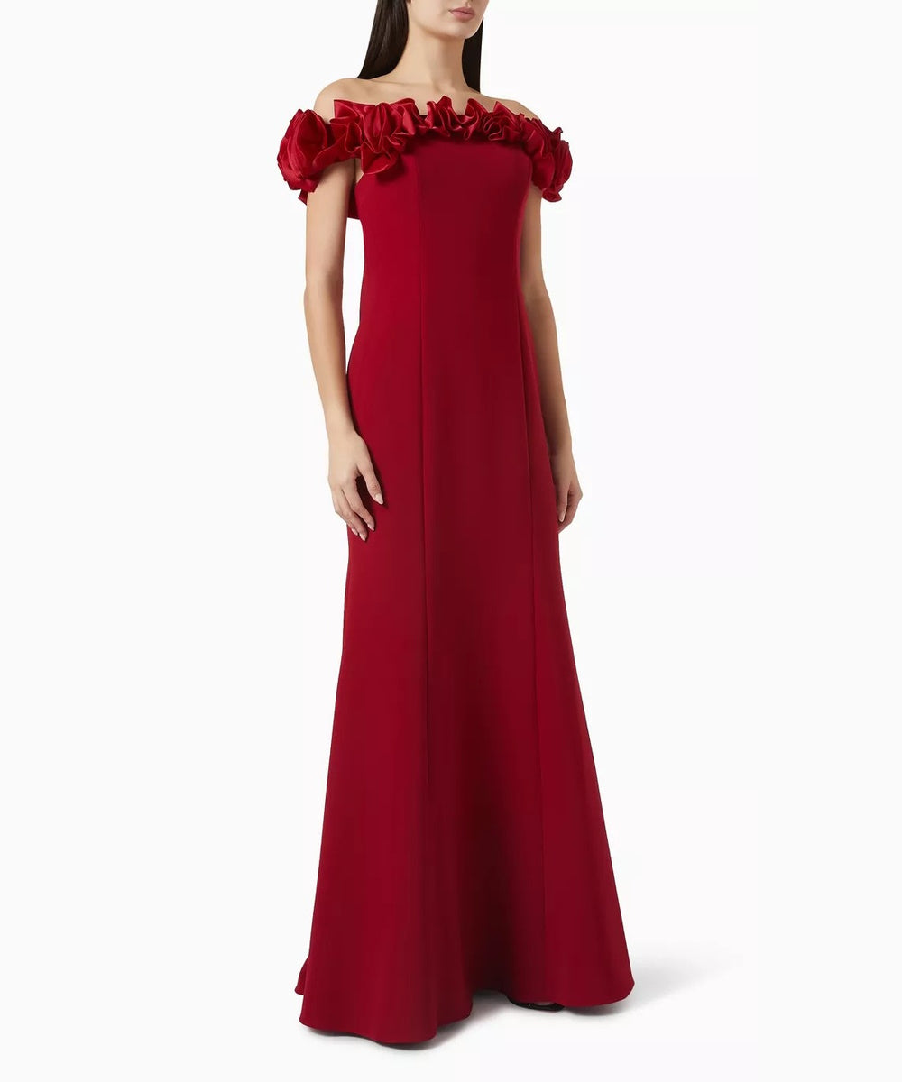 Red Off The Shoulder Mermaid Evening Gown With Ruffle Detail