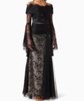 Black Off Shoulder Lace Mermaid Evening Gown With Flare Long Sleeves