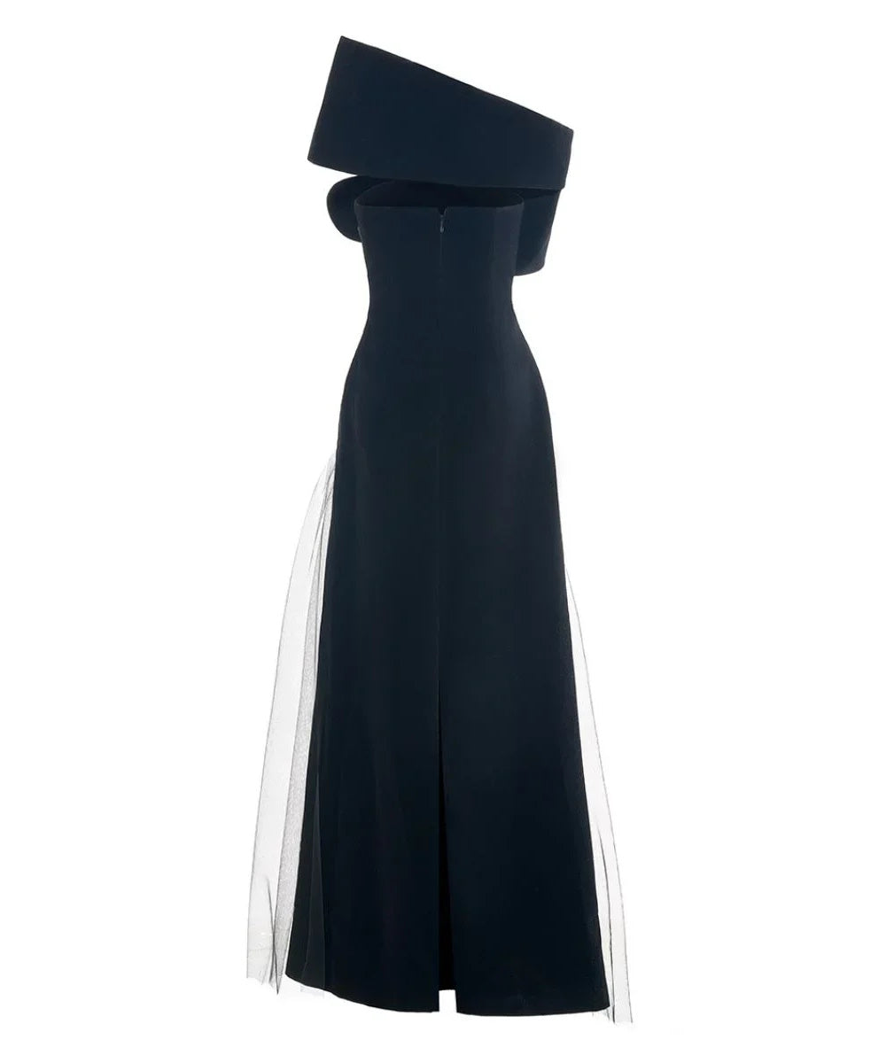 Black Off Shoulder Velvet 3D Flower Draped Pleated Tulle Maxi Evening Gown