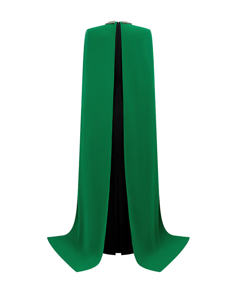 Two-Tone Emerald Cape Black Column Crystal Trim Evening Gown