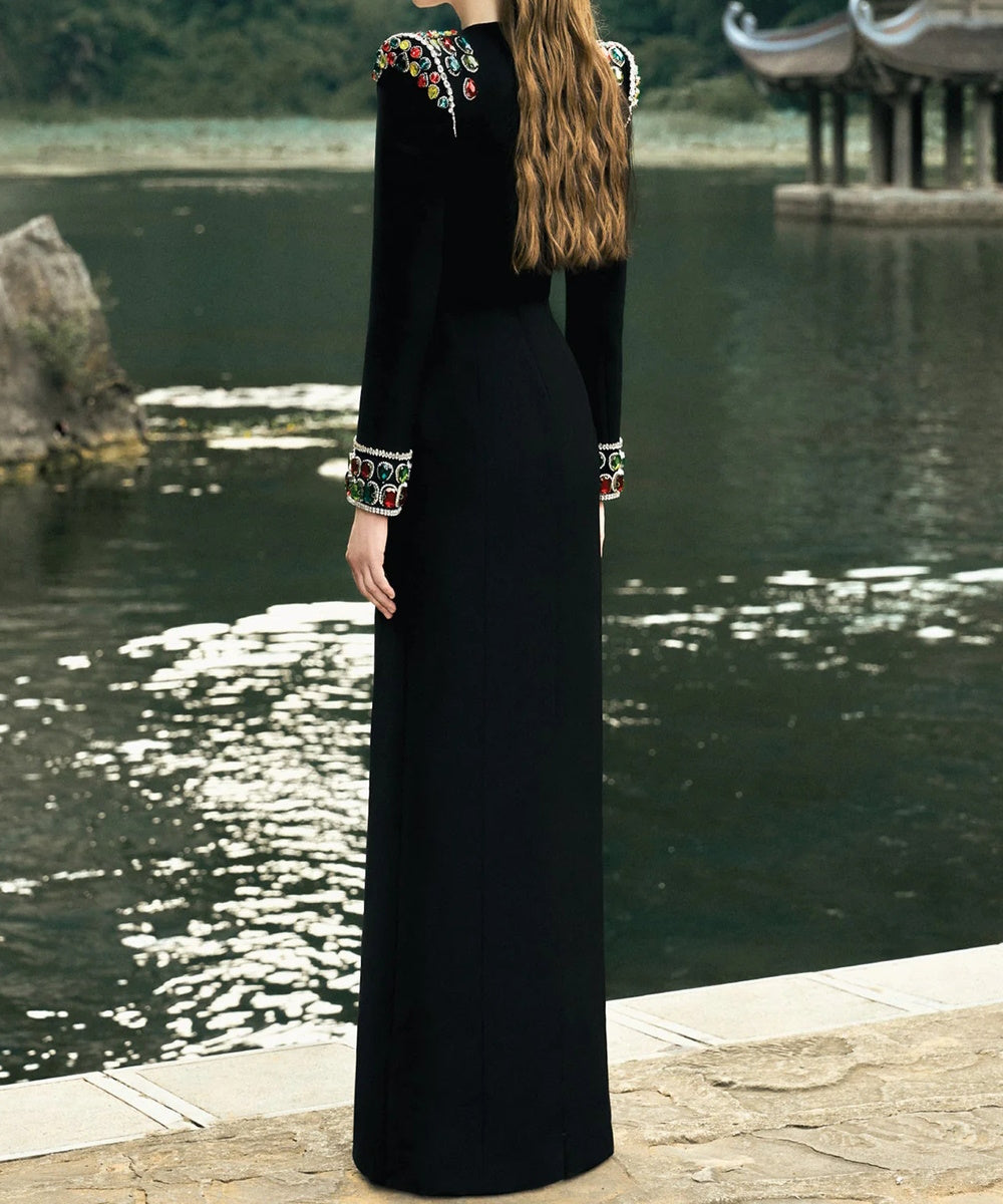 Black Square Neck Long Sleeve Column Maxi Gown With Multicolor Gem Embellished Shoulder & Cuffs