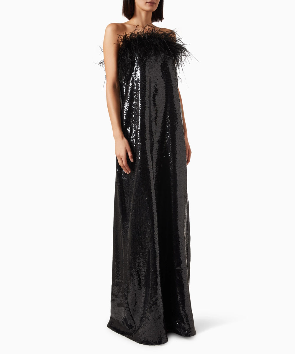 Black Strapless Sequin Maxi Gown With Ostrich Feather Trim