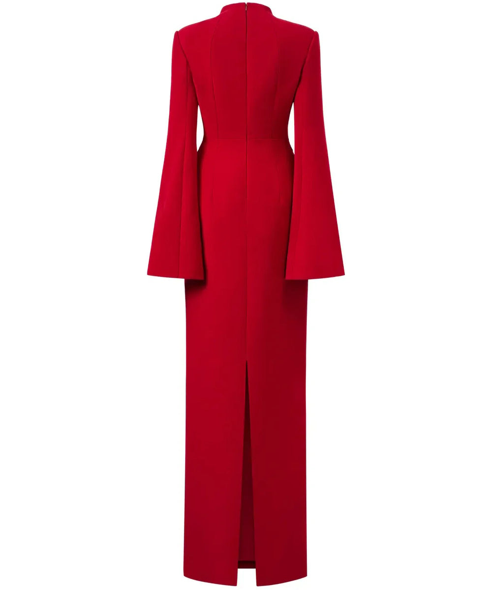 Red Mandarin Collar Split Cape Sleeve Floral Beaded Mermaid Maxi Evening Gown
