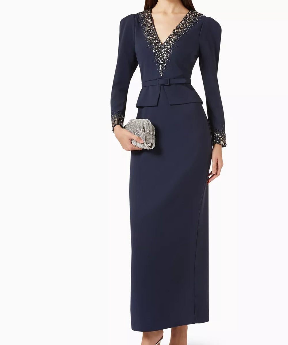 Navy Blue Long Sleeve Beaded V-Neck Midi Formal Dress With Belt