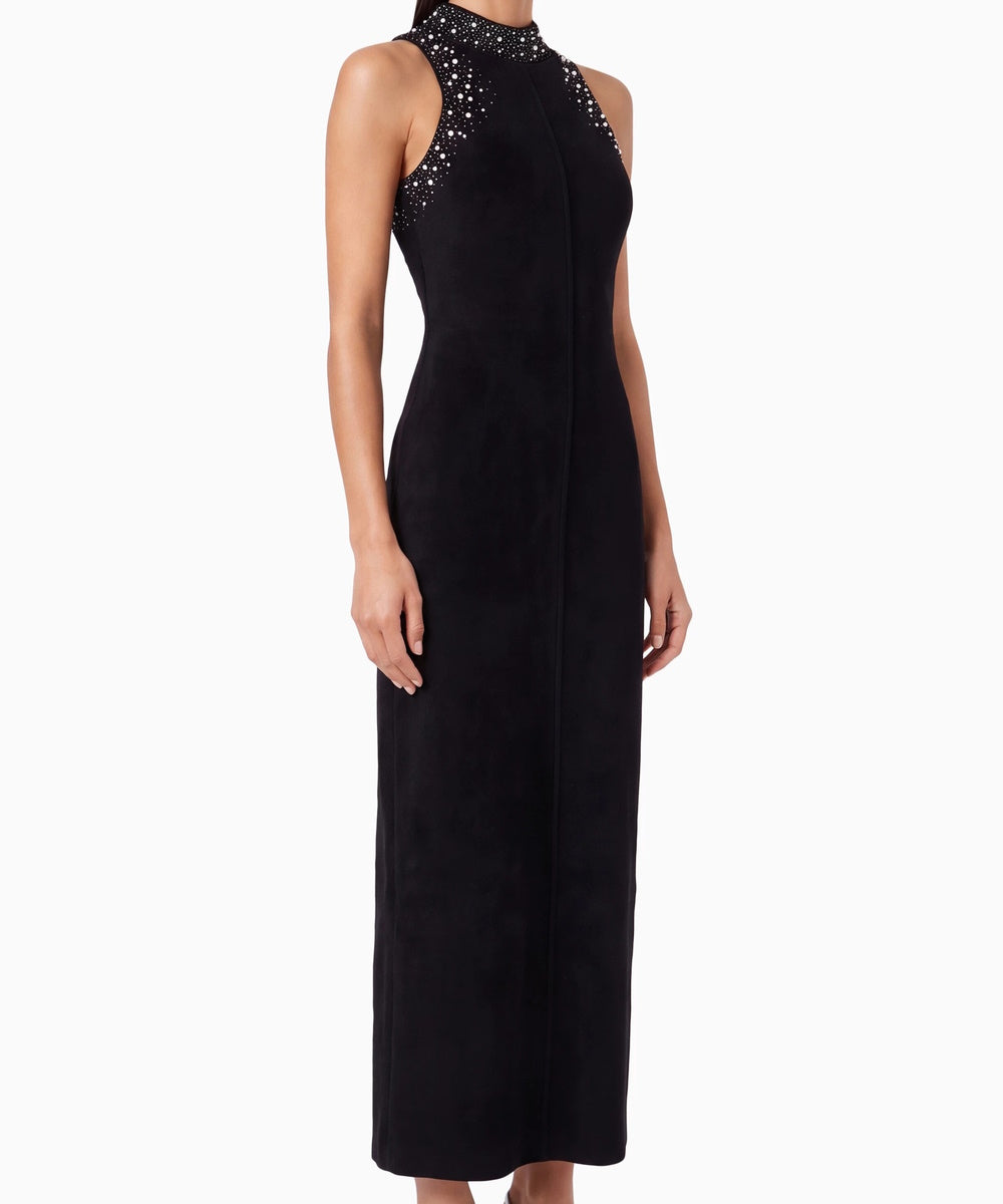 Black Sleeveless High Neck Midi Dress With Pearl & Rhinestone Embellishments