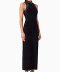 Black Sleeveless High Neck Midi Dress With Pearl & Rhinestone Embellishments