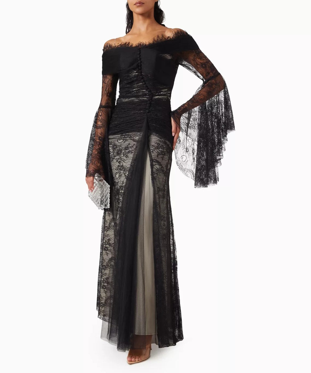 Black Off Shoulder Lace Mermaid Evening Gown With Flare Long Sleeves