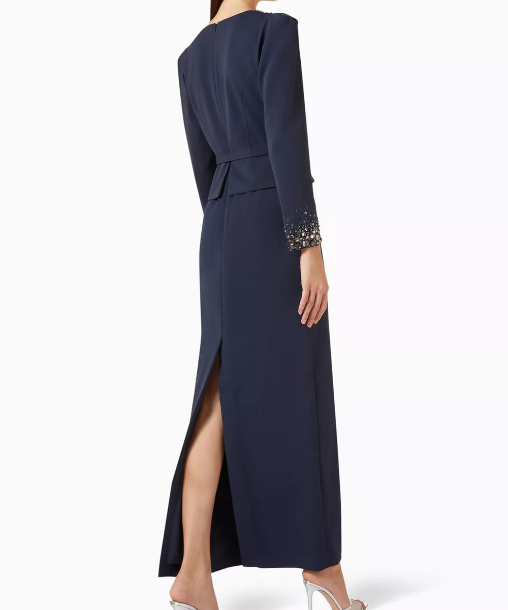 Navy Blue Long Sleeve Beaded V-Neck Midi Formal Dress With Belt