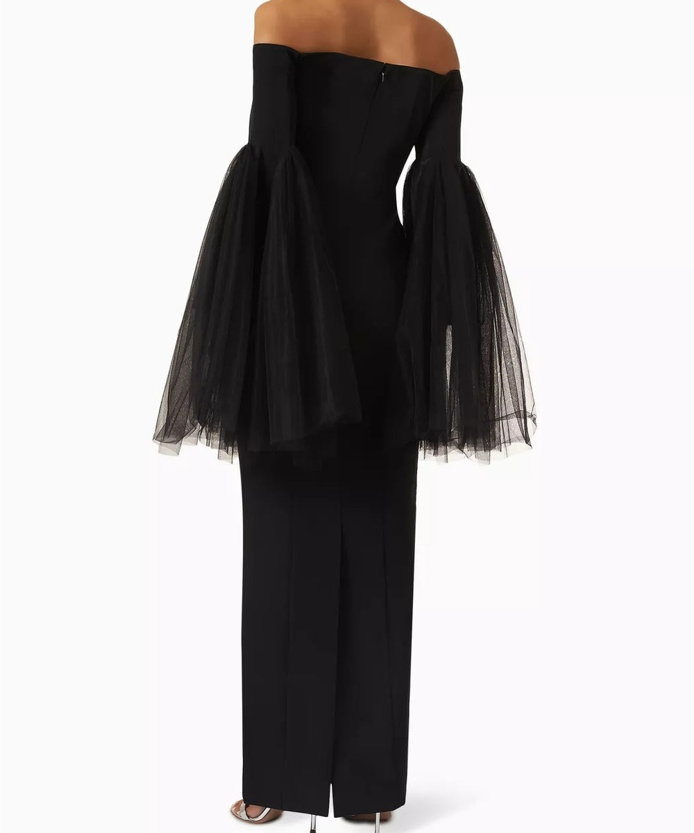 Black Off Shoulder Maxi Dress With Voluminous Tulle Bell Sleeves